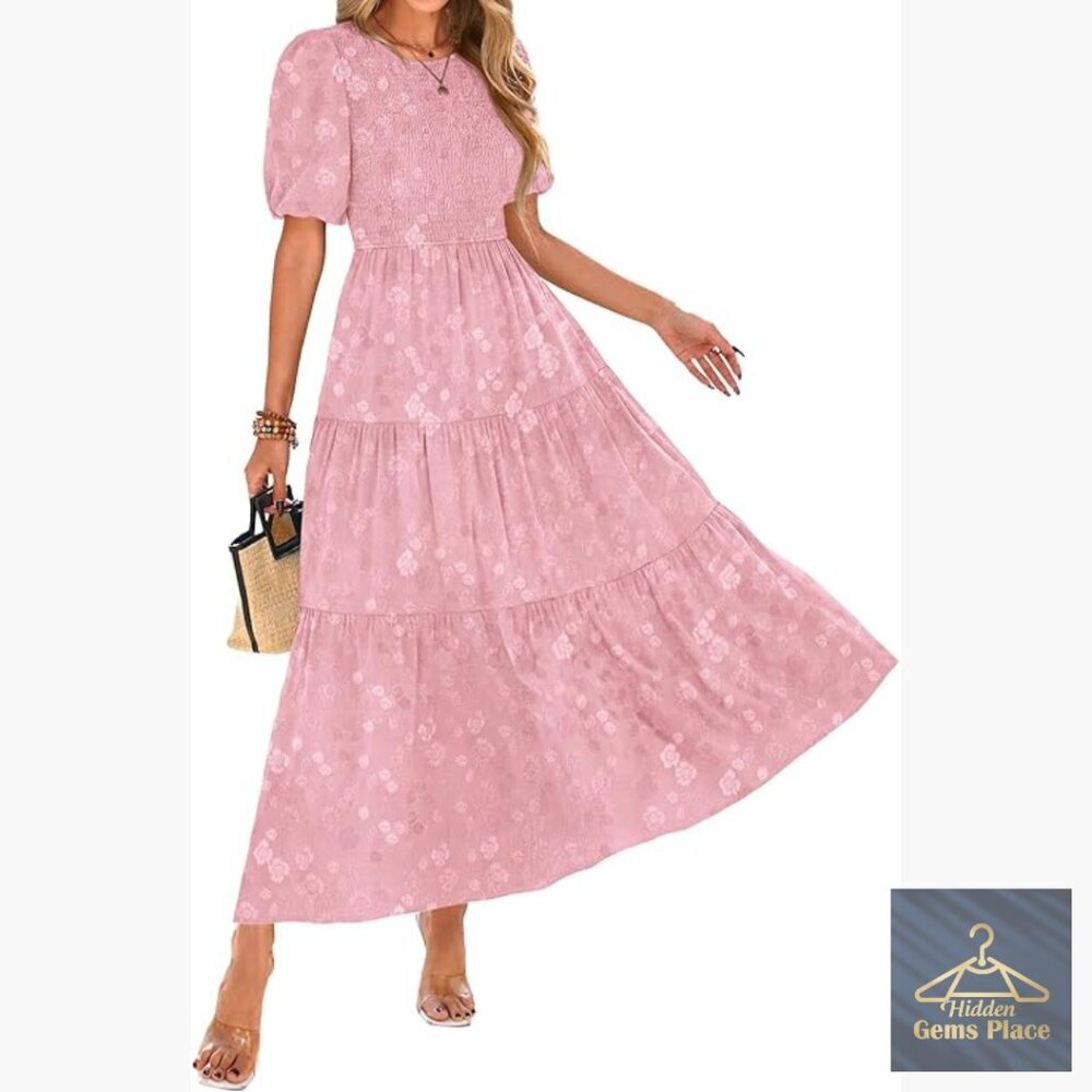 Floral Midi Sundress with Puff Sleeves Smocked Bust A-Line Tiered Boho